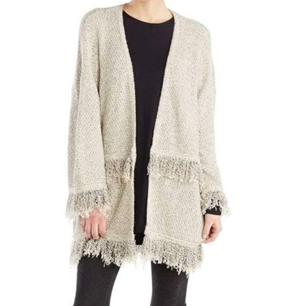 Mud pie Livvy Cream Grey Fringe knit chunky Cardigan sz S/M Sweater